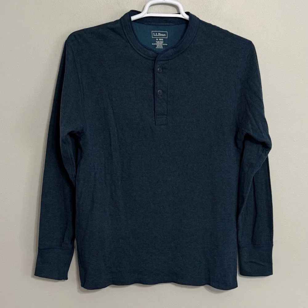 LL Bean Mens Medium Blue River Driver Dual Layer Henley Long Sleeve Sweater